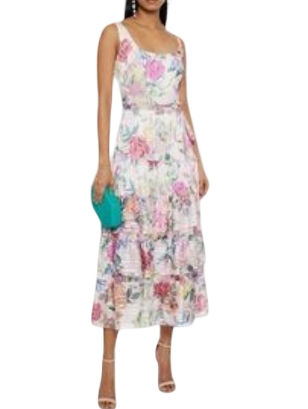 Marchesa Notte Floral Tiered Midi Dress Sleeveless Scoop Neck Cream Multi Size 8